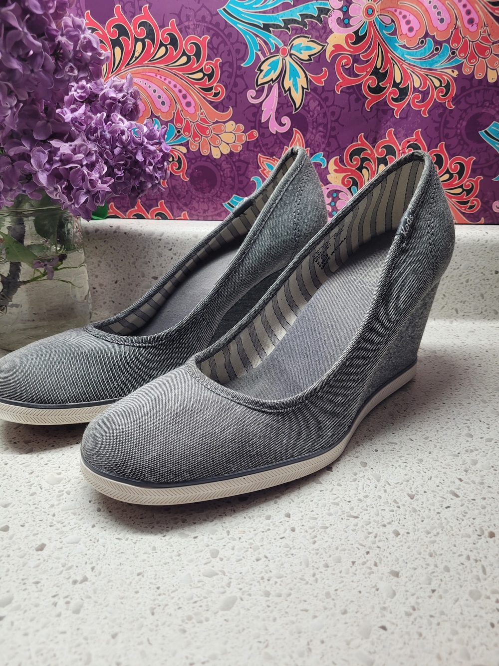 Keds Damsel Grey Chambray Canvas Wedge Heels With White Soles - Size 8 1/2